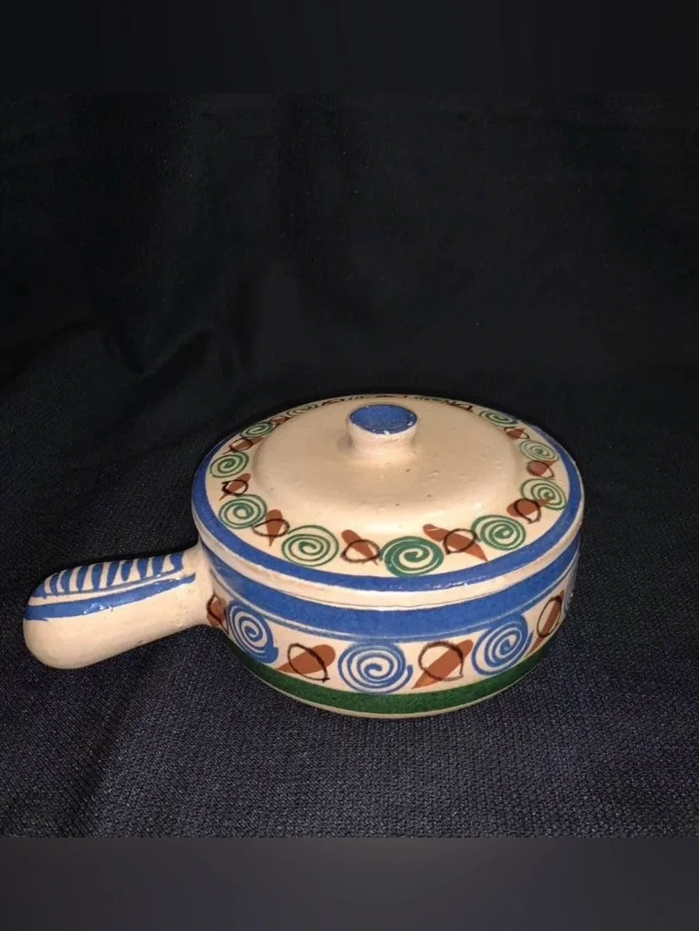 Hand-Painted Ceramic Butter Warmer with Blue, Green and Brown Accents